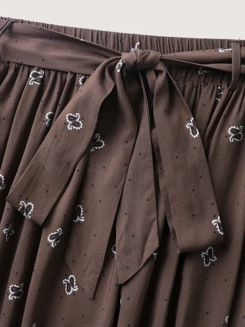 Paisley Print Belted Midi Skirt