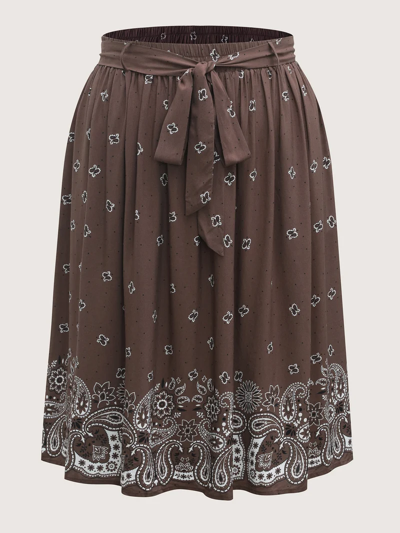Paisley Print Belted Midi Skirt