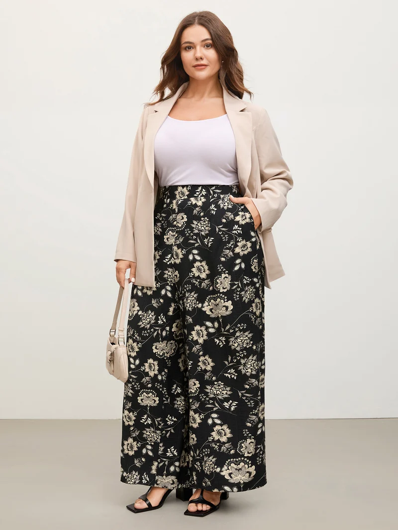 Silhouette Floral Print Wide-Leg Pants