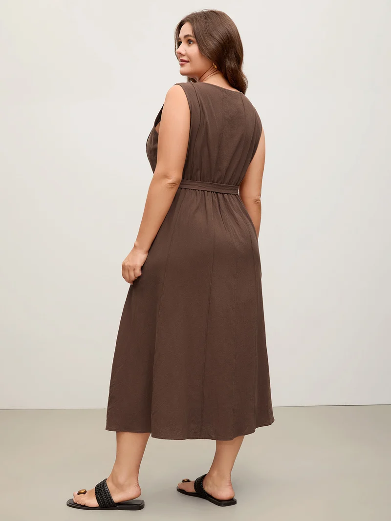 Pure Cotton Adjustable Belt Placket Midi Dress