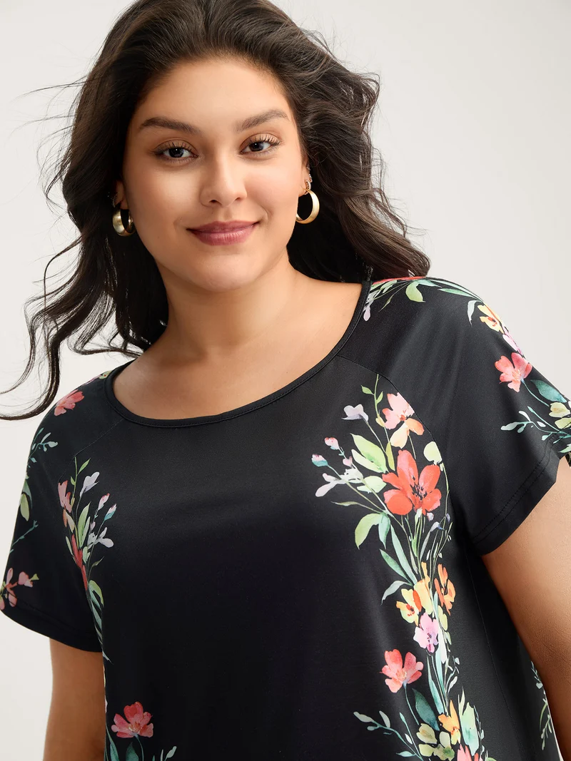 Floral Print Solid Round Neck T-Shirt