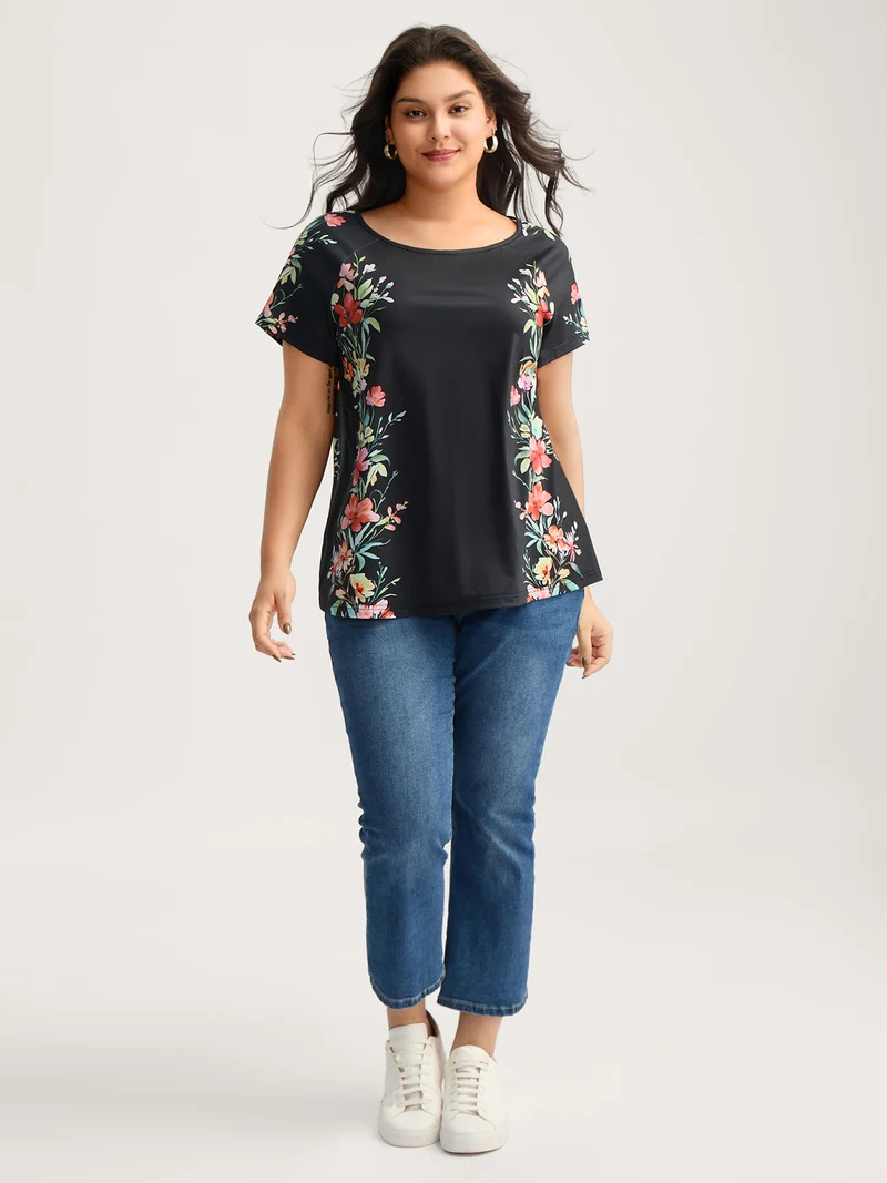 Floral Print Solid Round Neck T-Shirt