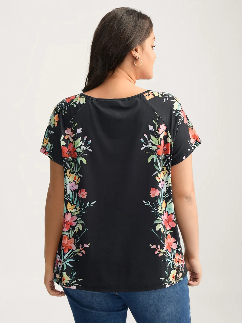 Floral Print Solid Round Neck T-Shirt