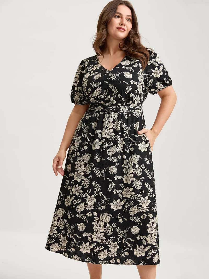 Silhouette Floral Pleated Waist V-Neck Midi Dress