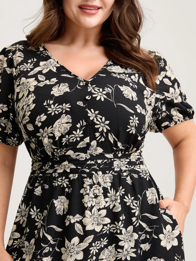 Silhouette Floral Pleated Waist V-Neck Midi Dress