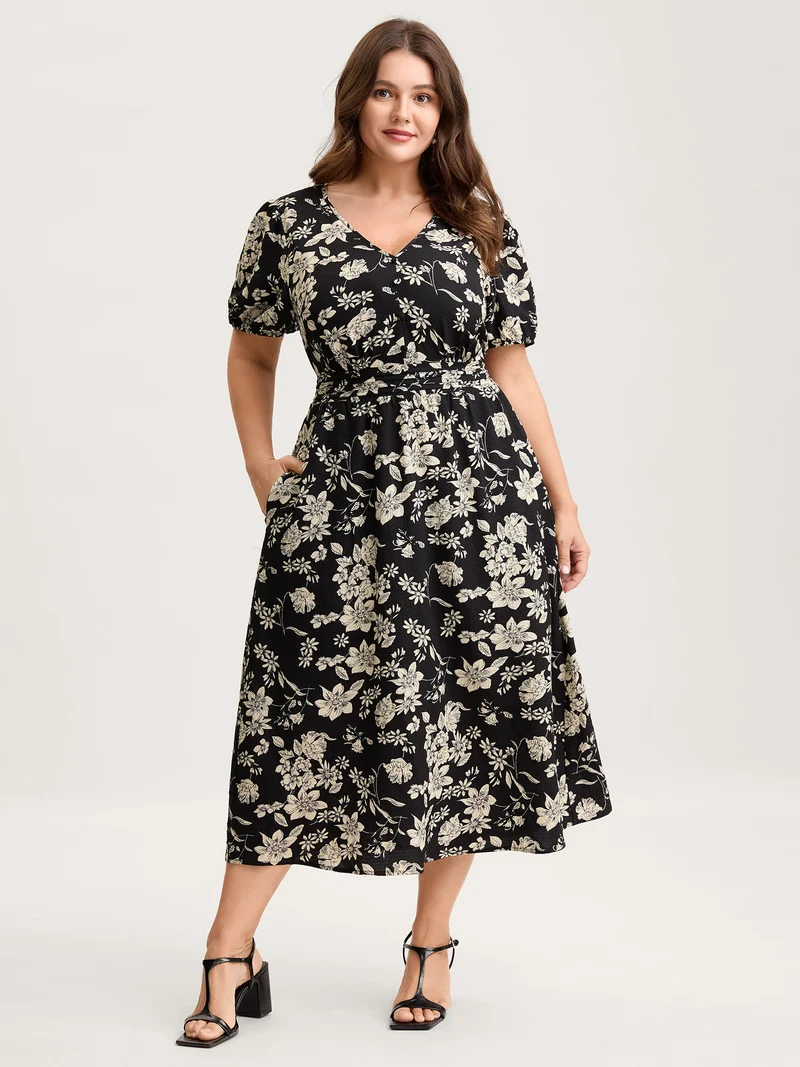 Silhouette Floral Pleated Waist V-Neck Midi Dress