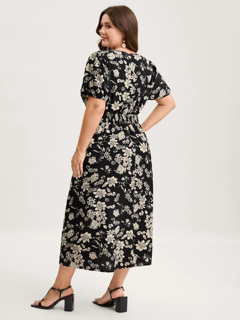 Silhouette Floral Pleated Waist V-Neck Midi Dress