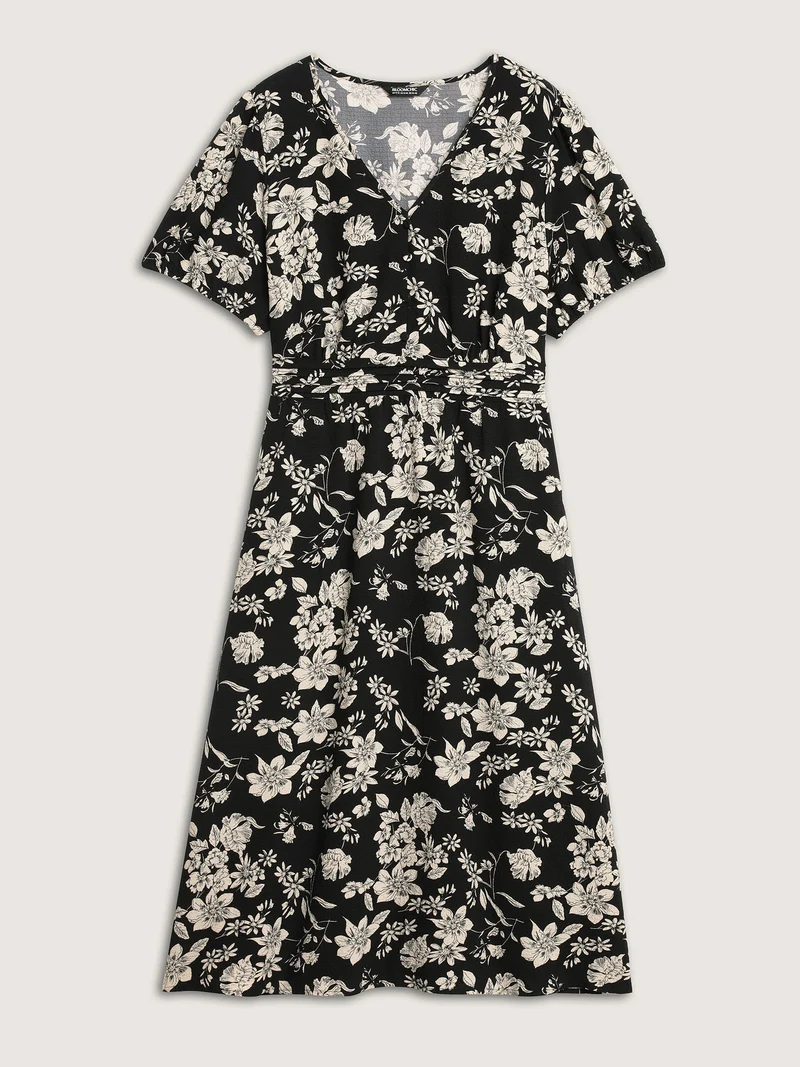 Silhouette Floral Pleated Waist V-Neck Midi Dress