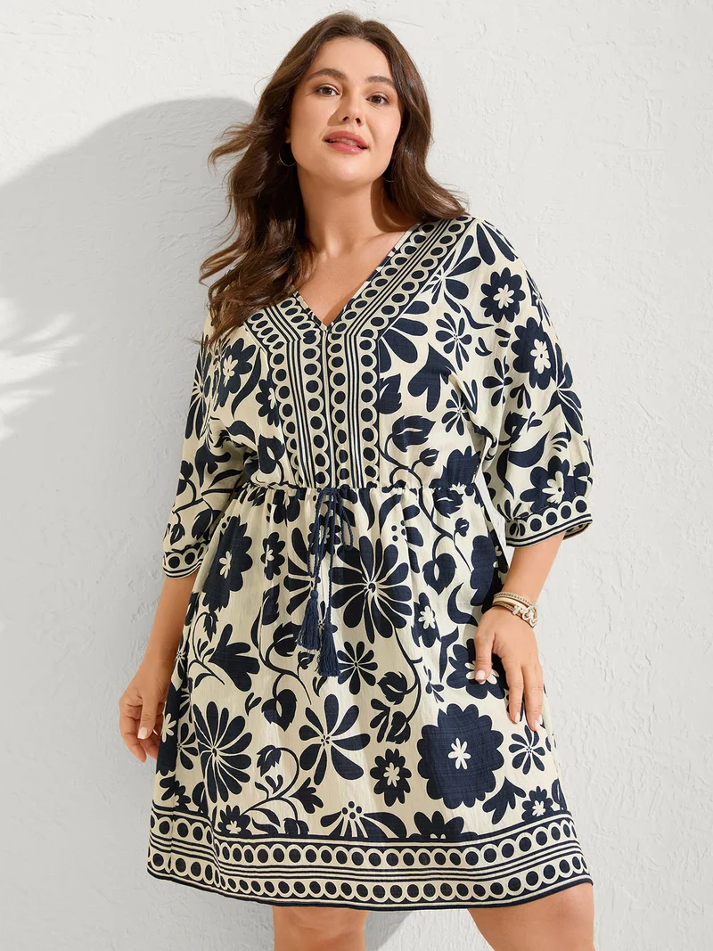 Floral Waist-Drawstring Tassel Midi Dress