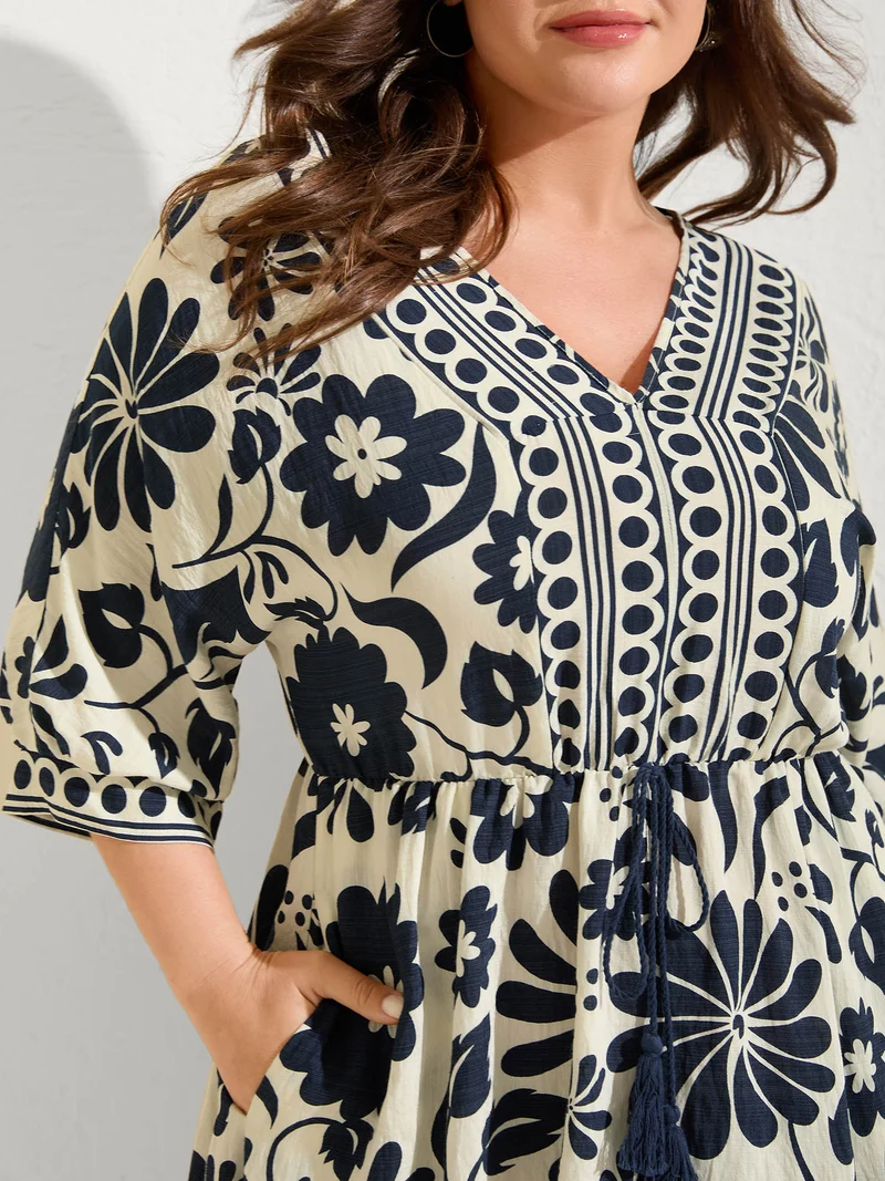Floral Waist-Drawstring Tassel Midi Dress