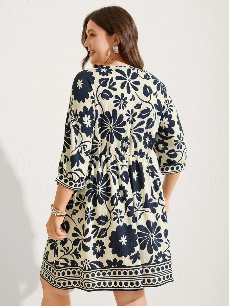 Floral Waist-Drawstring Tassel Midi Dress