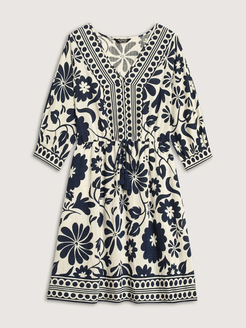 Floral Waist-Drawstring Tassel Midi Dress