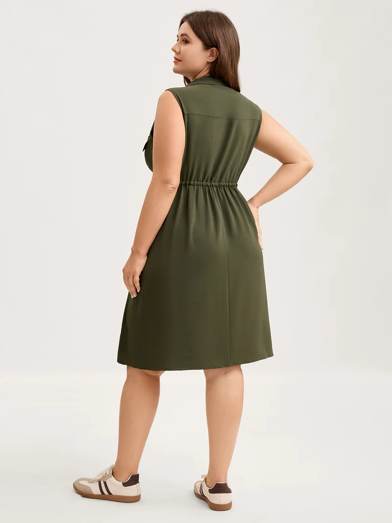 Waist Drawstring Pockets Solid Midi Dress