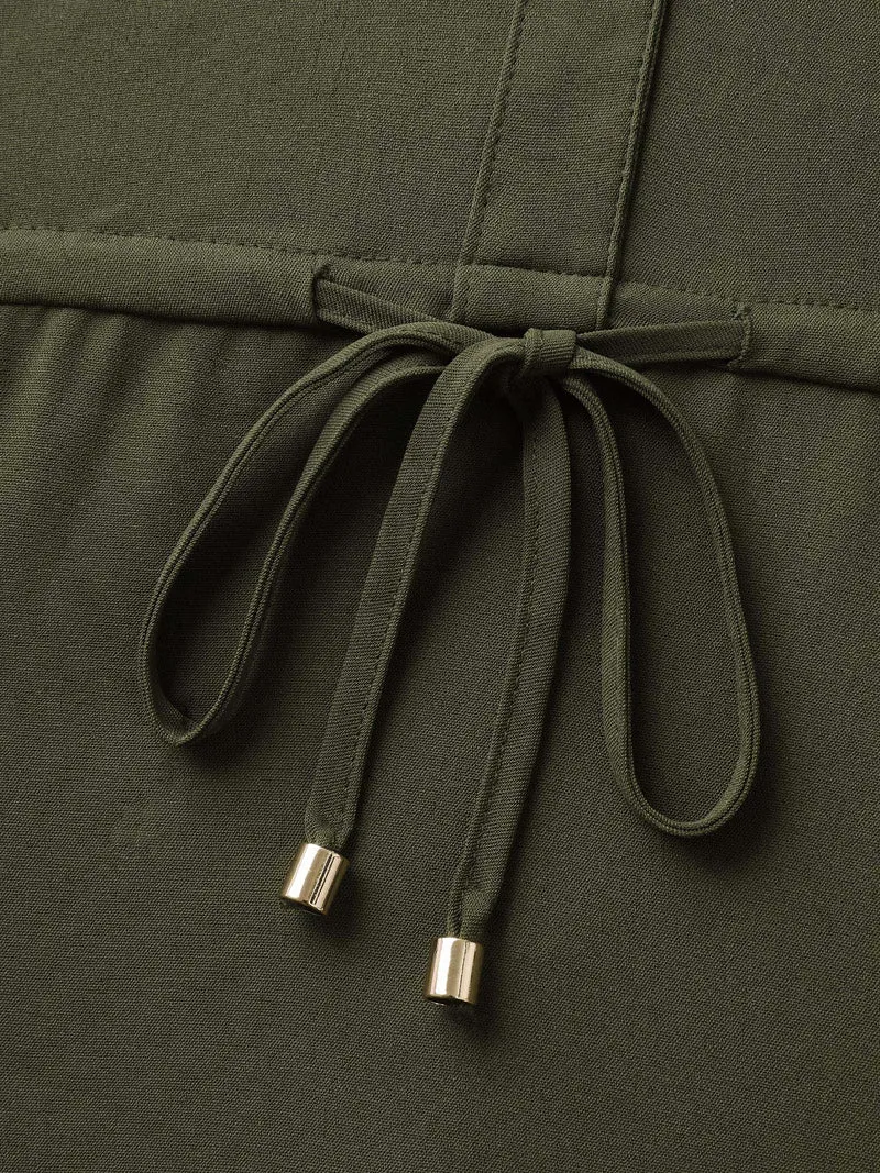 Waist Drawstring Pockets Solid Midi Dress