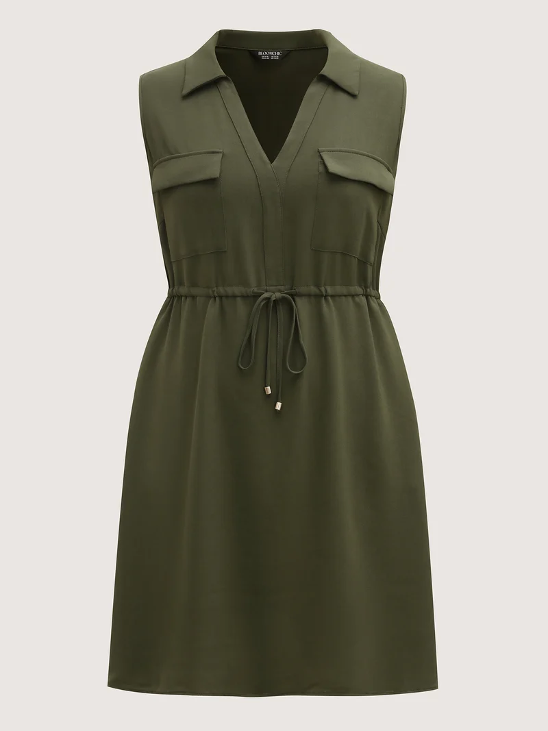 Waist Drawstring Pockets Solid Midi Dress