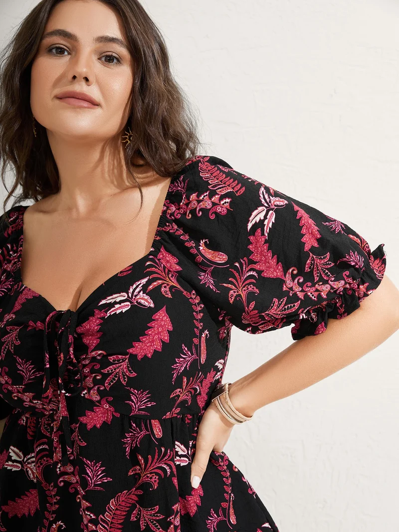 Boho Print Neck Tie Flowy Shirt