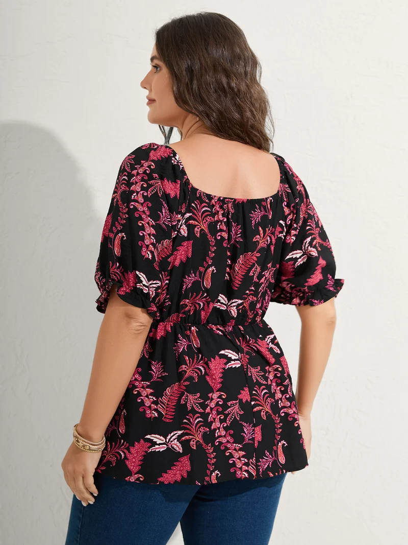 Boho Print Neck Tie Flowy Shirt