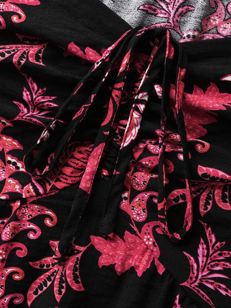 Boho Print Neck Tie Flowy Shirt