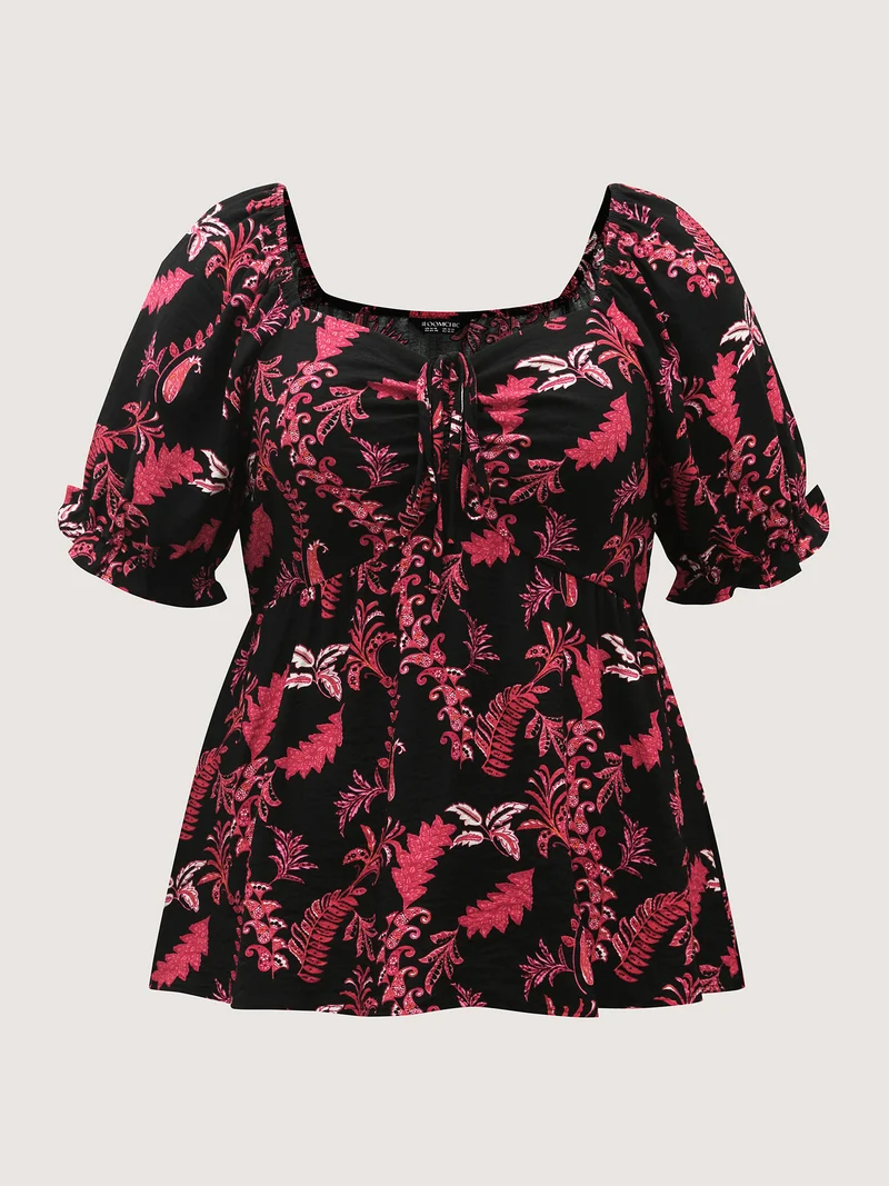 Boho Print Neck Tie Flowy Shirt