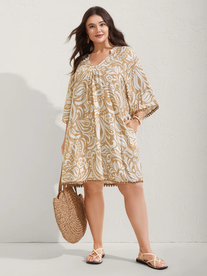 Paisley Print Notched Collar Lace Midi Dress