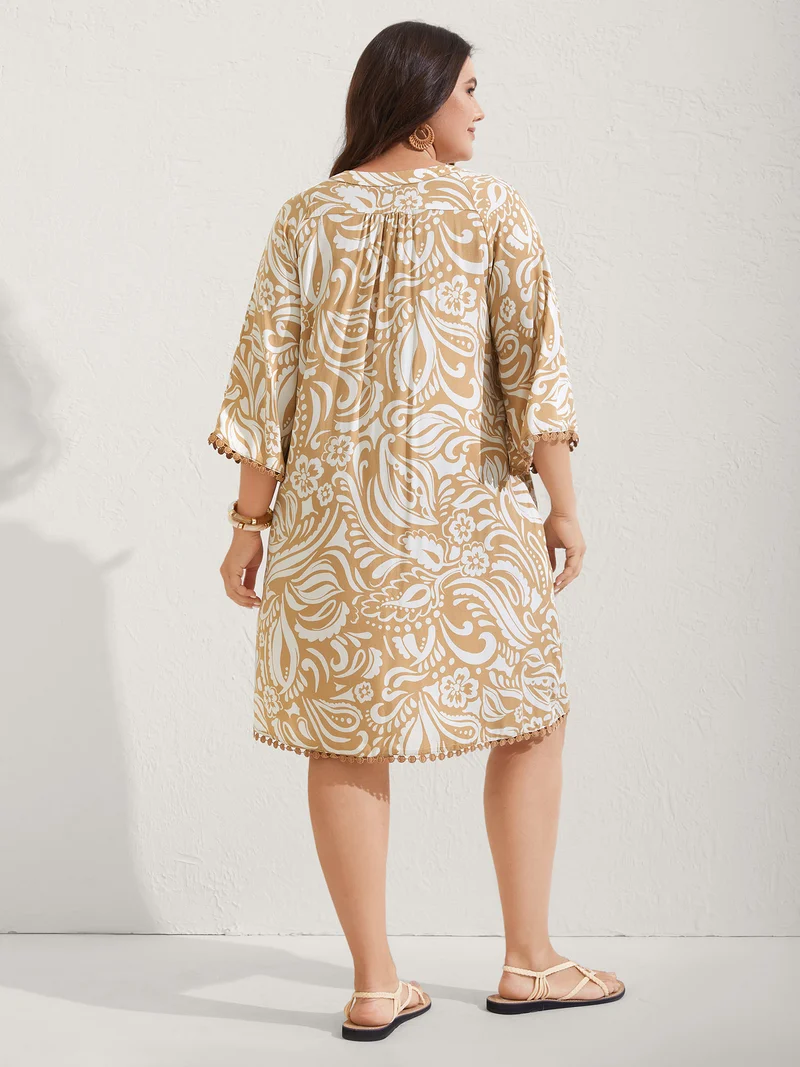 Paisley Print Notched Collar Lace Midi Dress