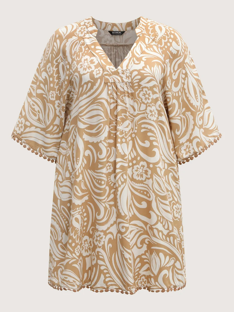 Paisley Print Notched Collar Lace Midi Dress