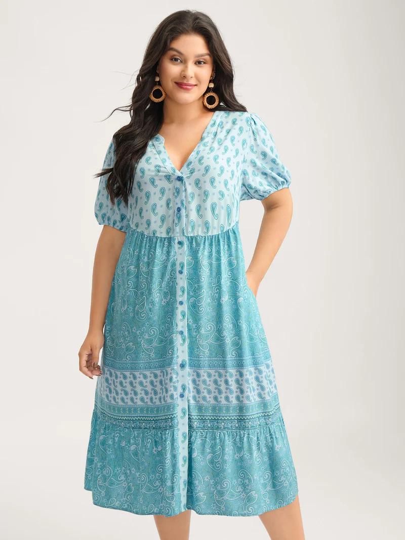 Paisley Print Contrast Button Placket Midi Dress