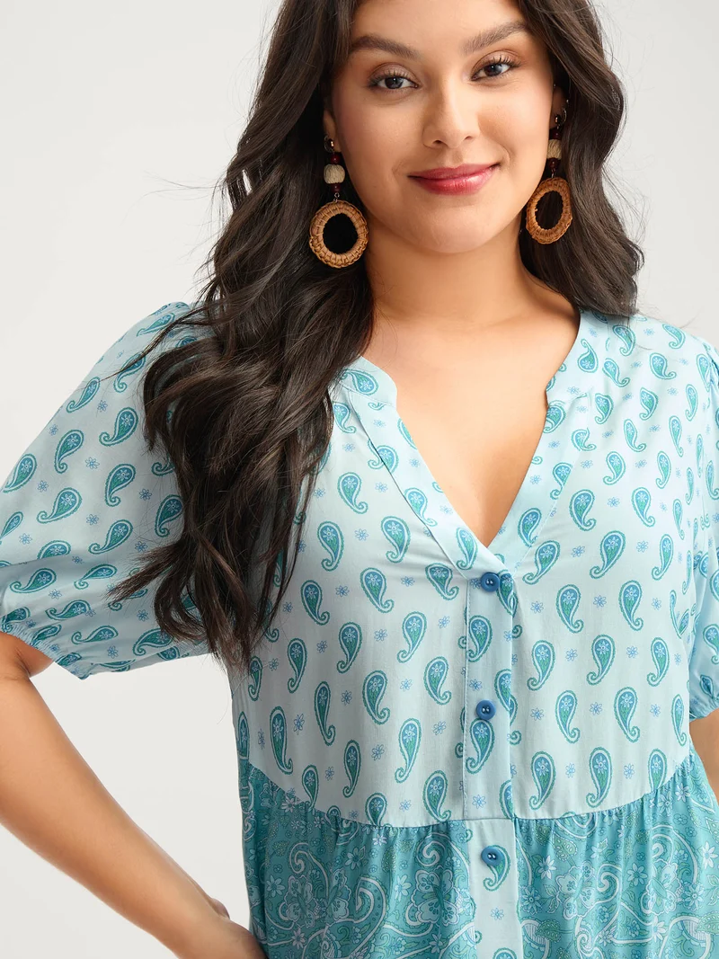 Paisley Print Contrast Button Placket Midi Dress