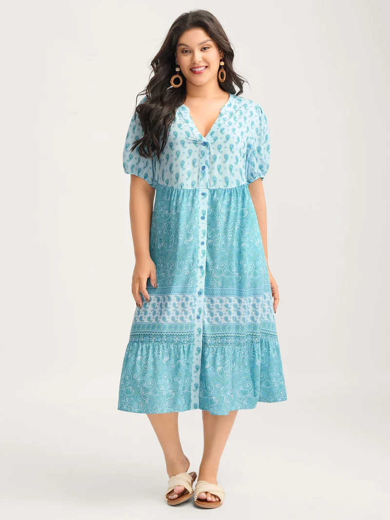 Paisley Print Contrast Button Placket Midi Dress