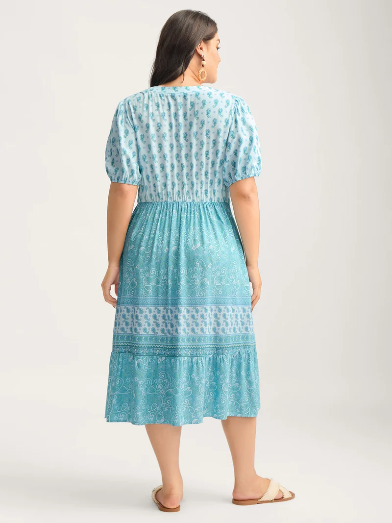 Paisley Print Contrast Button Placket Midi Dress