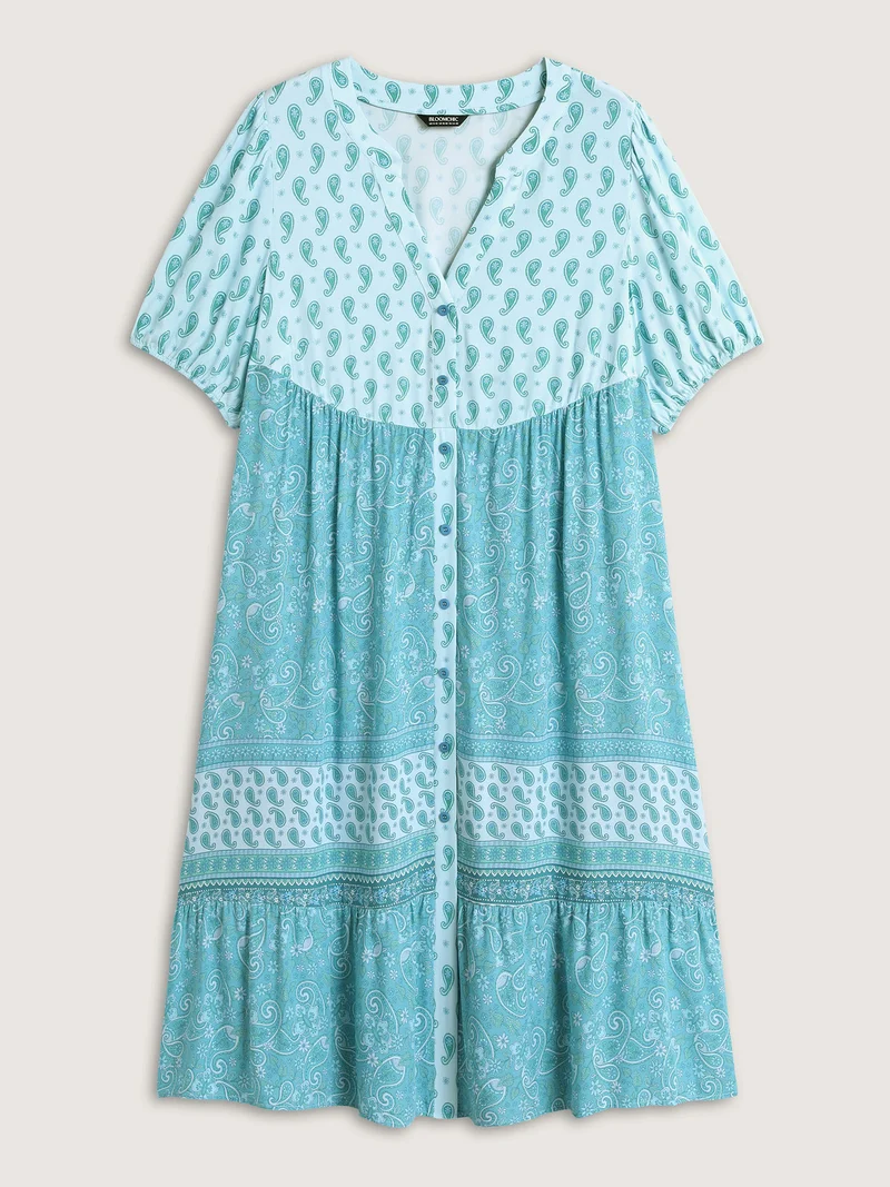 Paisley Print Contrast Button Placket Midi Dress