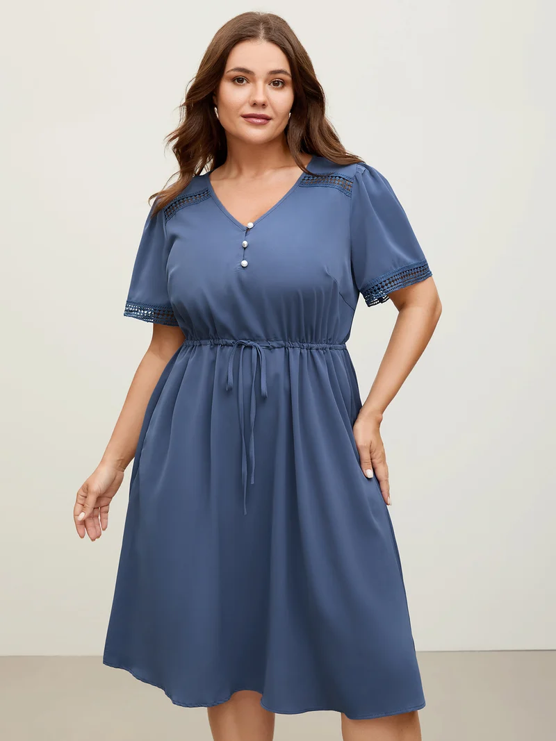 Lace Trim Waist-Drawstring Solid Midi Dress