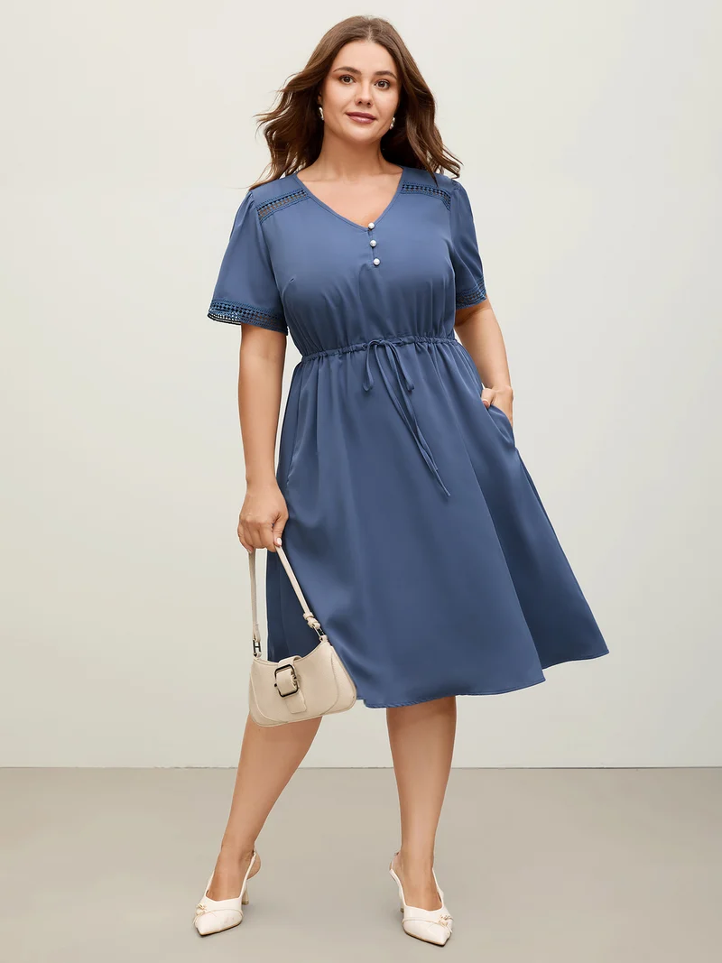 Lace Trim Waist-Drawstring Solid Midi Dress