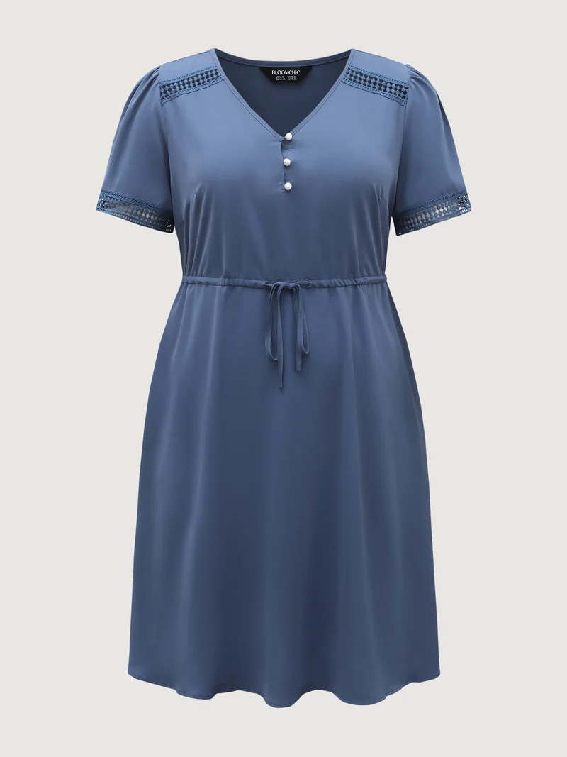 Lace Trim Waist-Drawstring Solid Midi Dress