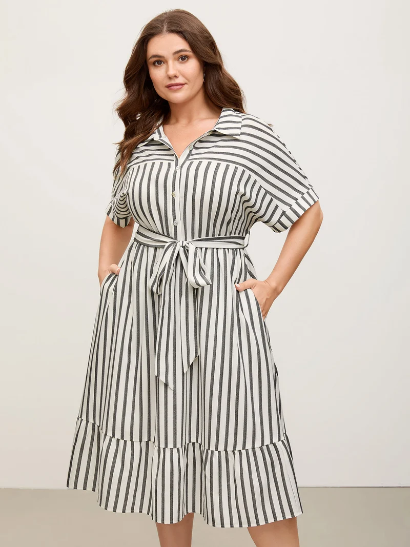 Striped Belted Cinched Button Placket Midi Dress
