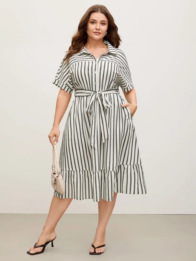 Striped Belted Cinched Button Placket Midi Dress