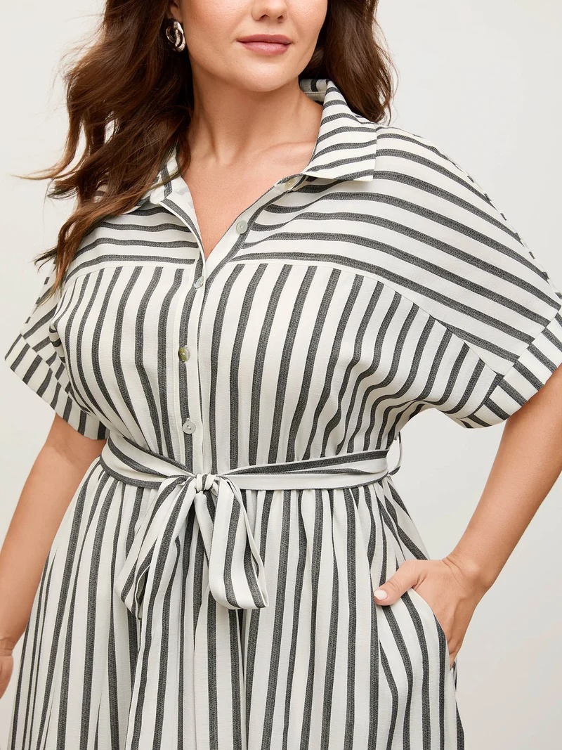 Striped Belted Cinched Button Placket Midi Dress