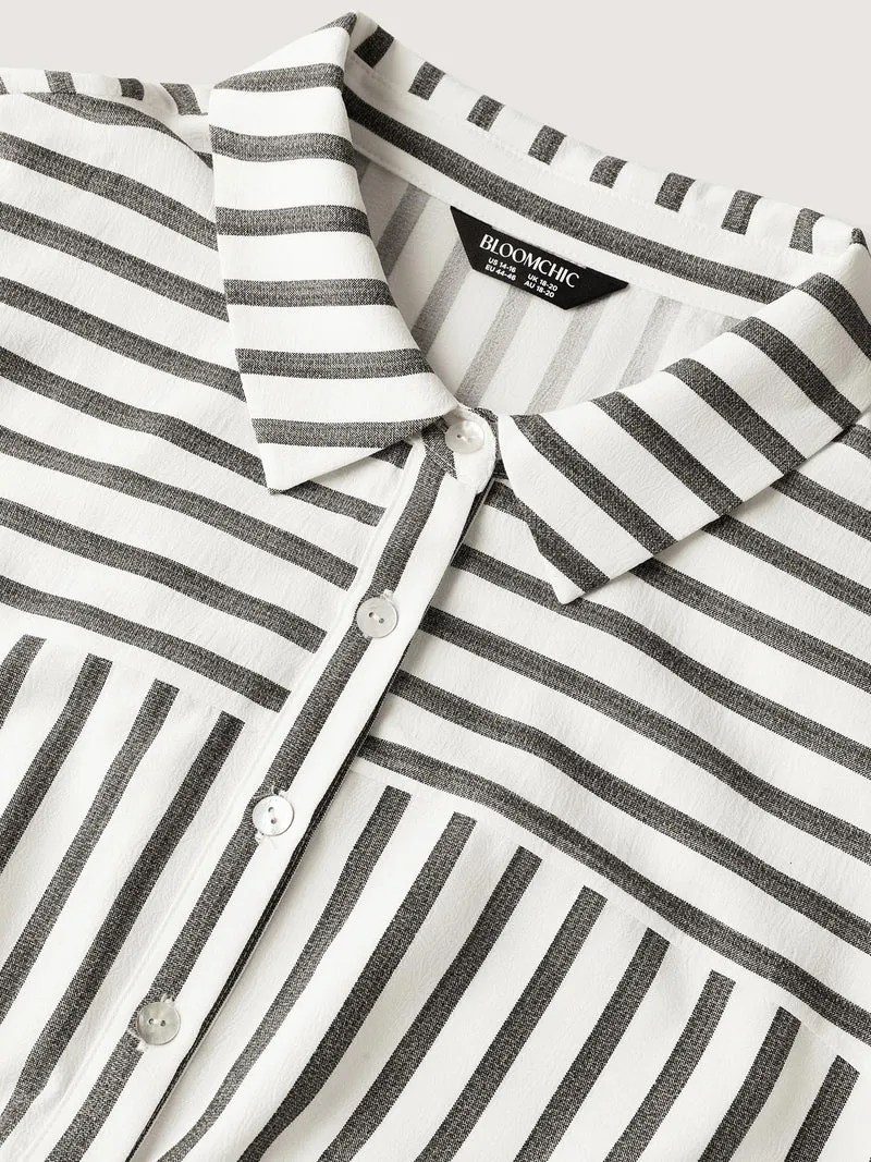 Striped Belted Cinched Button Placket Midi Dress