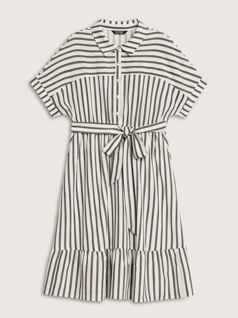 Striped Belted Cinched Button Placket Midi Dress