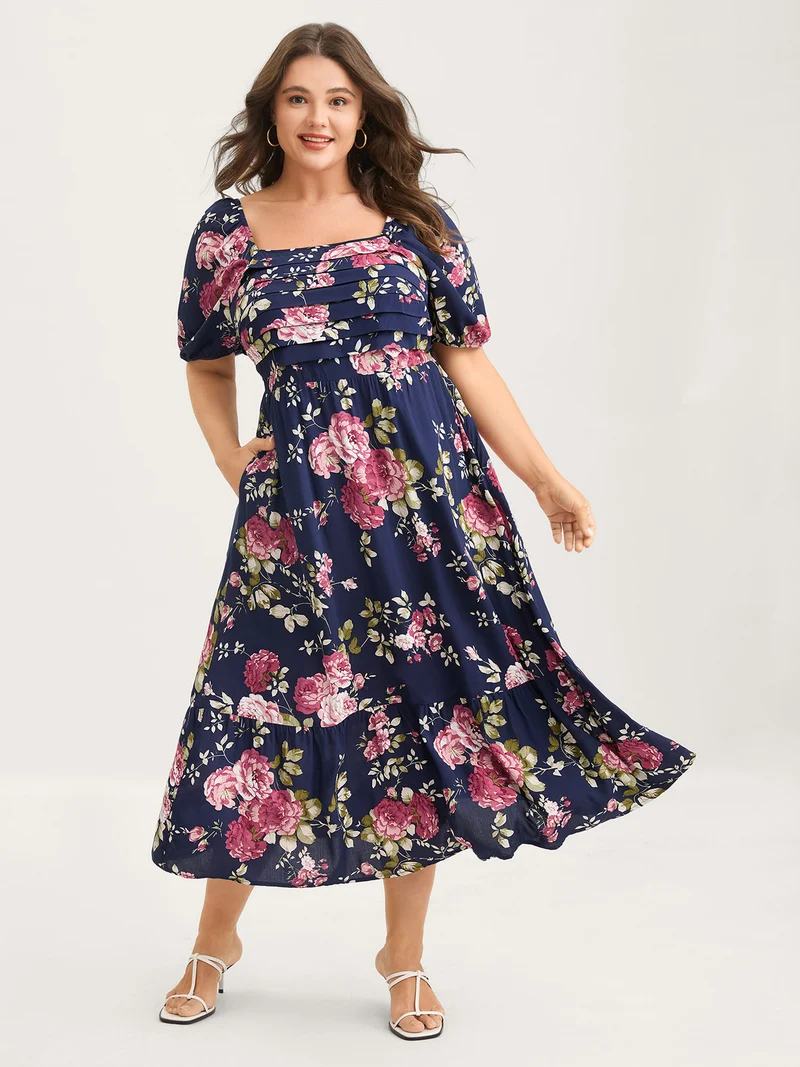 Rosy Print Pleated Bust Ease Midi Dress