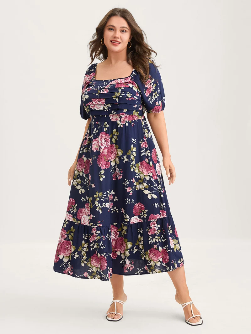 Rosy Print Pleated Bust Ease Midi Dress