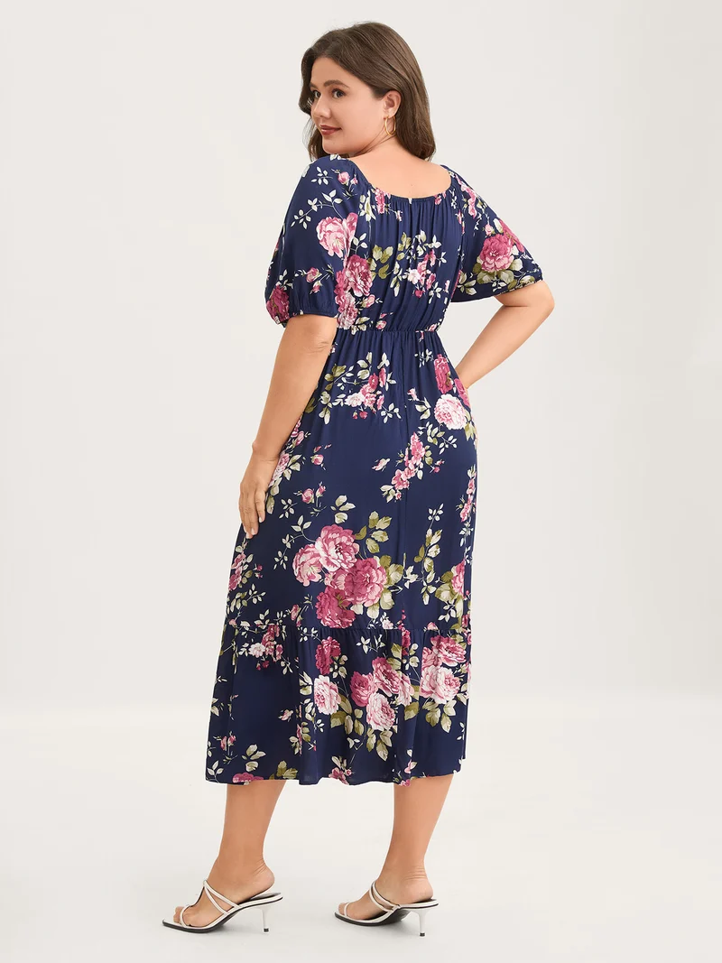 Rosy Print Pleated Bust Ease Midi Dress