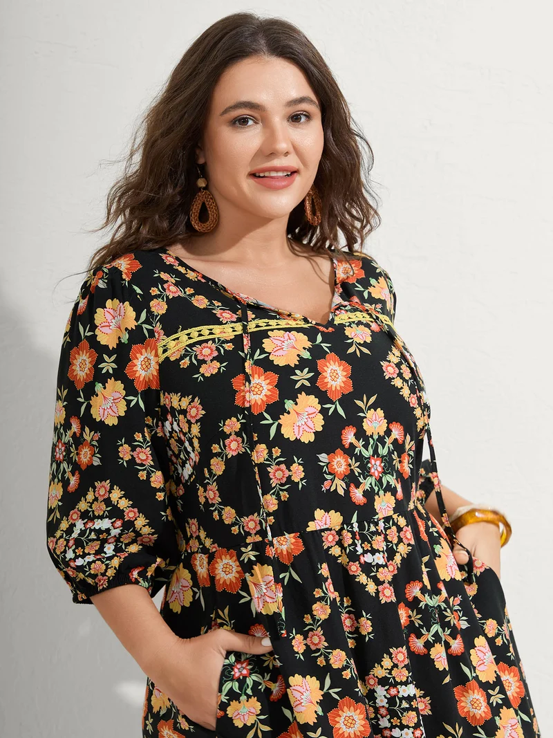 Boho Print Waist Stretchy Midi Dress