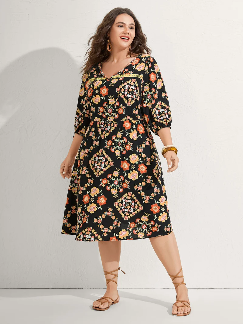 Boho Print Waist Stretchy Midi Dress