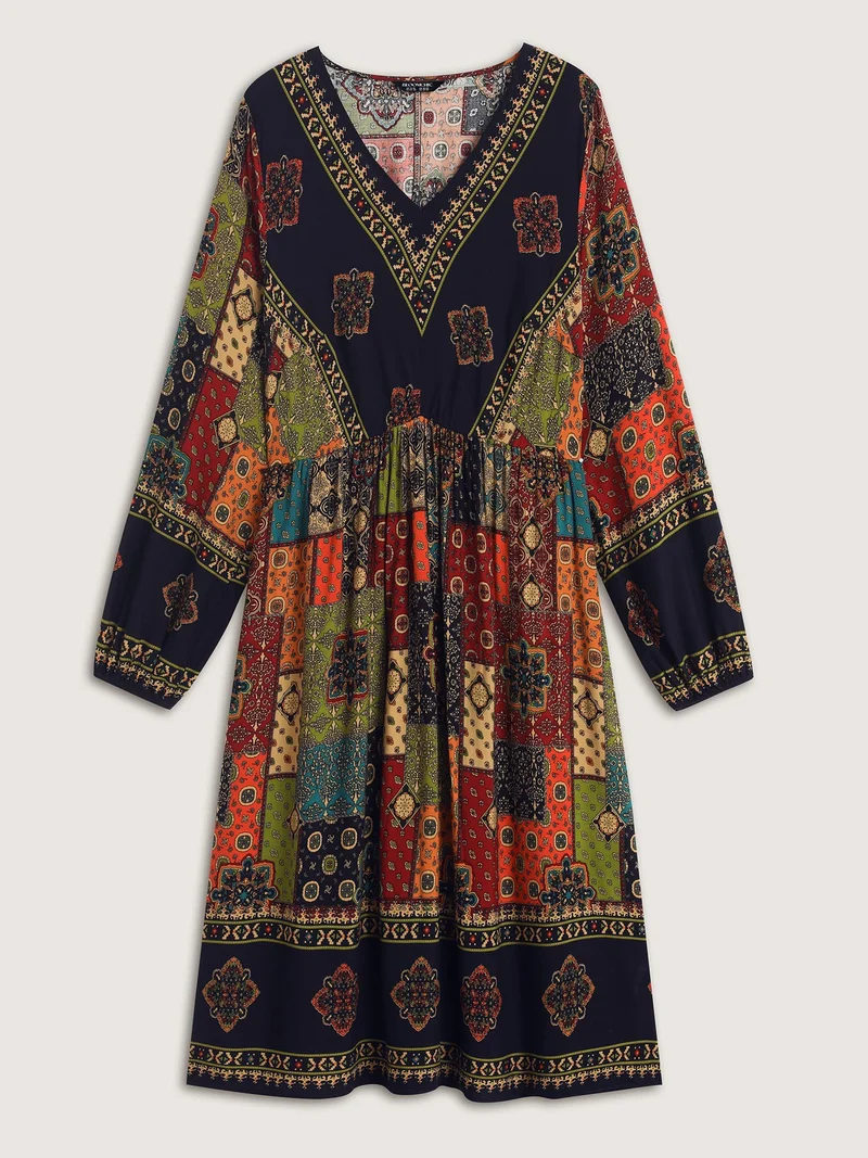 Retro Colorful Print V-Neck Midi Dress