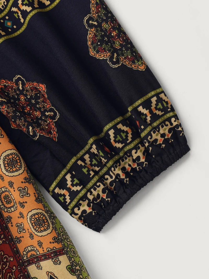 Retro Colorful Print V-Neck Midi Dress