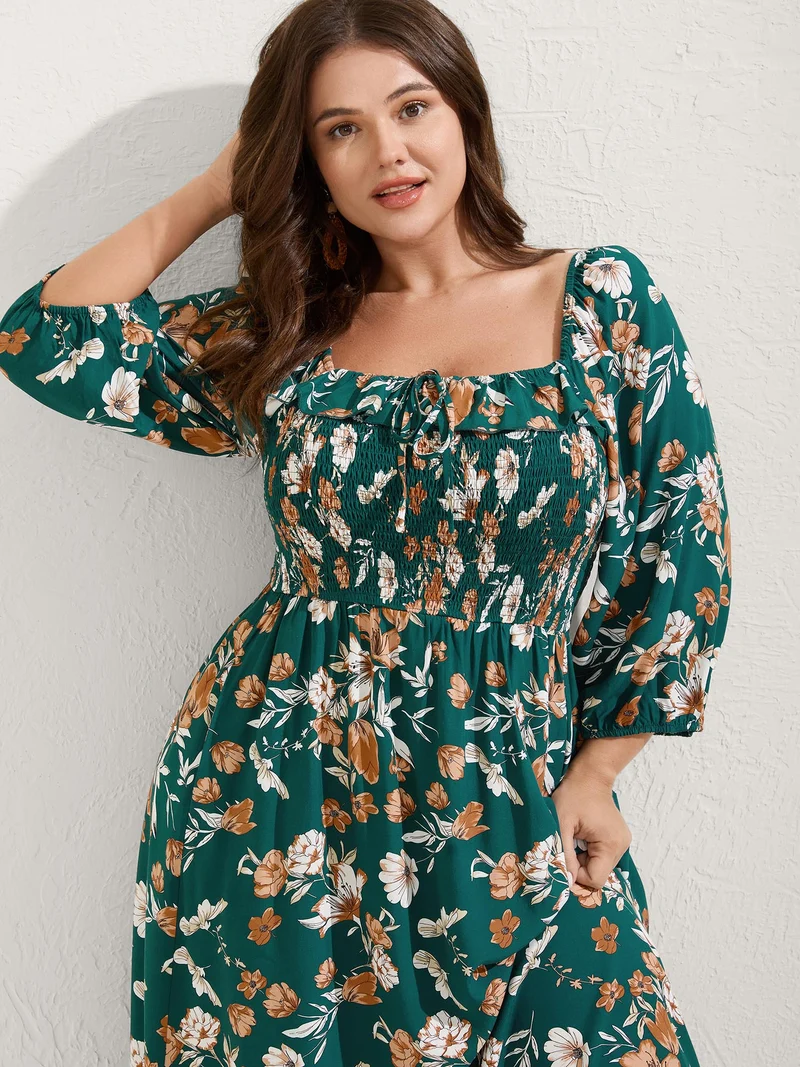 Rayon Floral Shirred Stretchy Waist Midi Dress