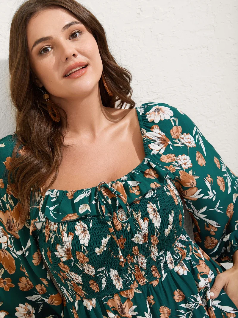 Rayon Floral Shirred Stretchy Waist Midi Dress