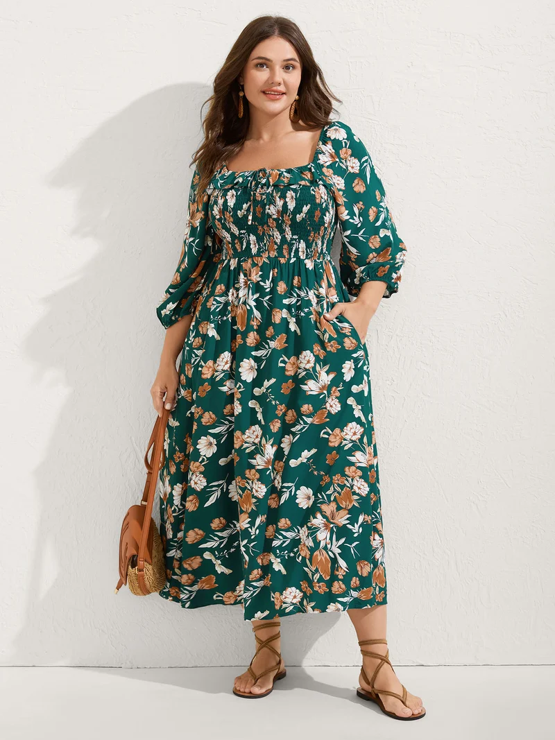 Rayon Floral Shirred Stretchy Waist Midi Dress