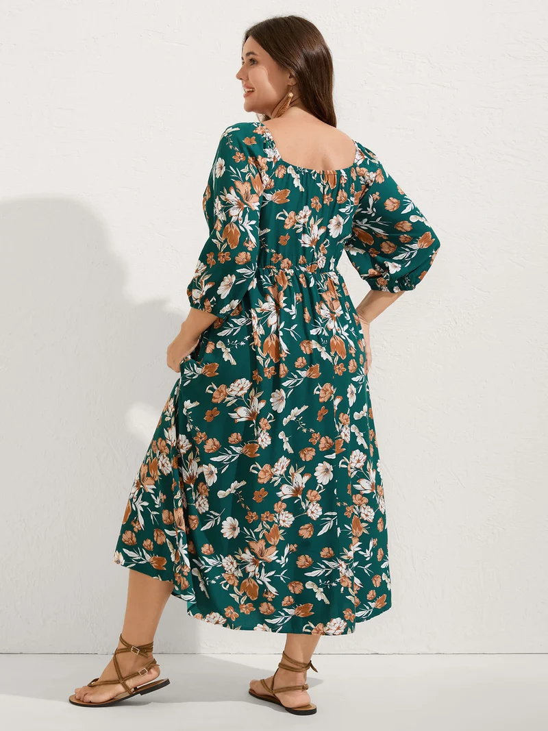 Rayon Floral Shirred Stretchy Waist Midi Dress